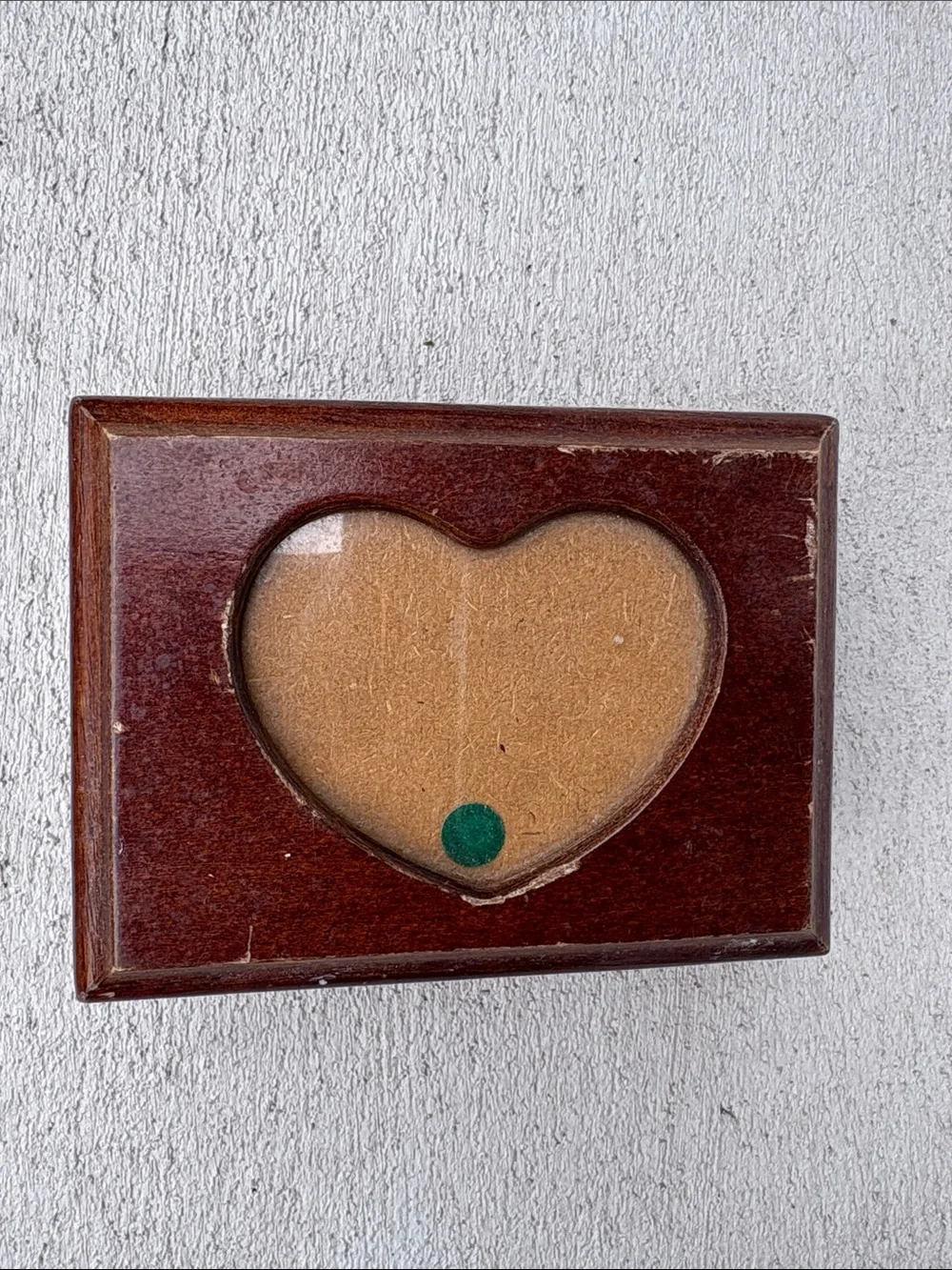 VTG Wooden Jewelry Box Heart Photo Frame Lid Green Velvet Lining